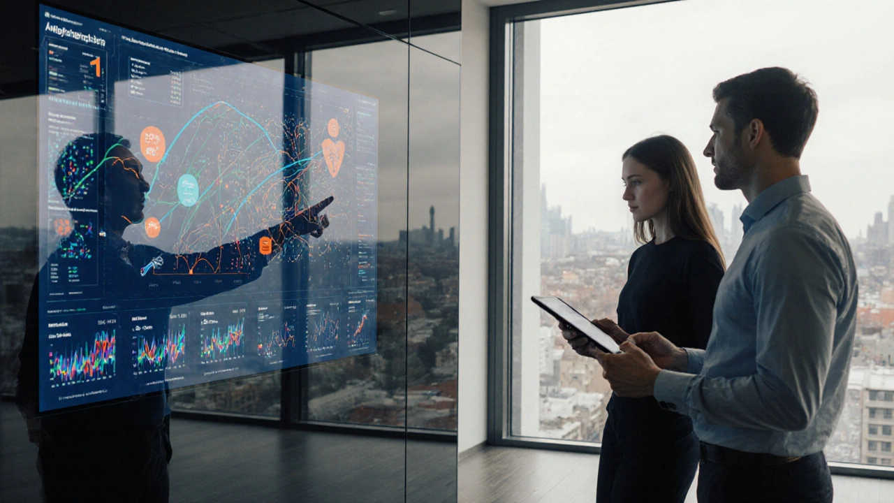 Investor analysiert Echtzeit-Daten auf einem Touchscreen in einem modernen Büro mit Tageslicht.