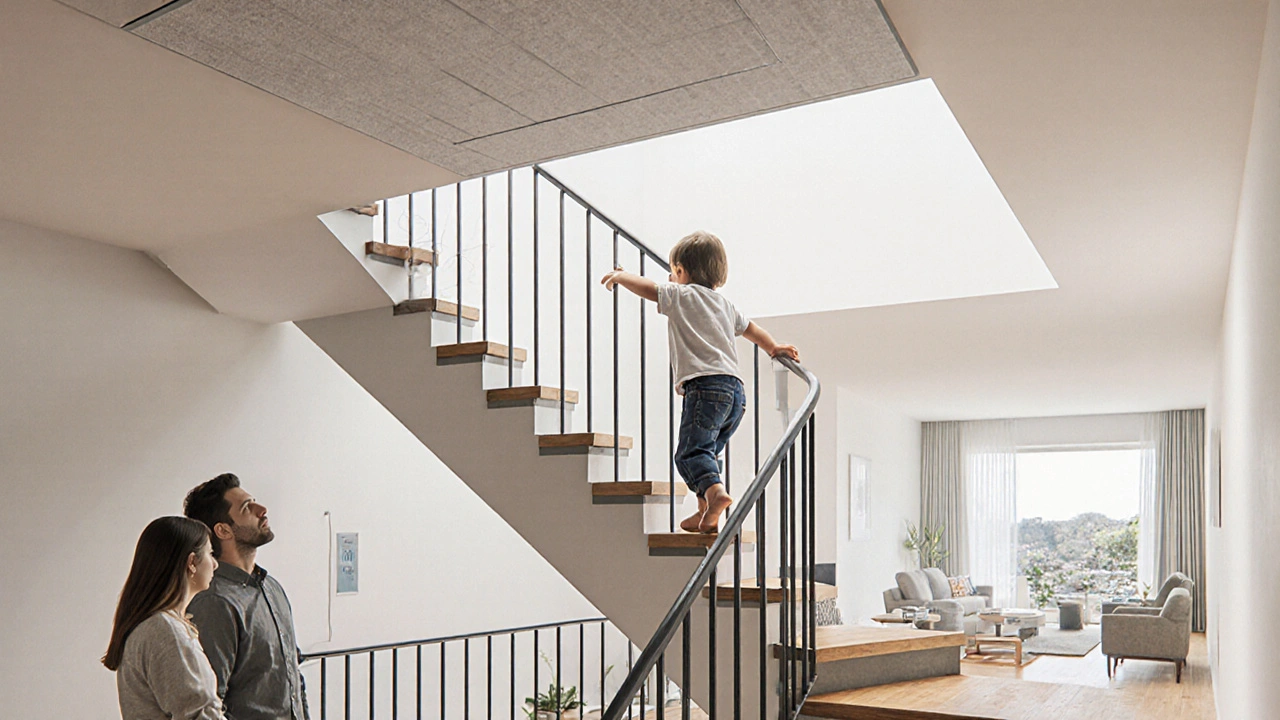 Kind erreicht ein Treppengeländer mit 10 cm Abstand zwischen den Stäben, Eltern beobachten aus dem Wohnraum.