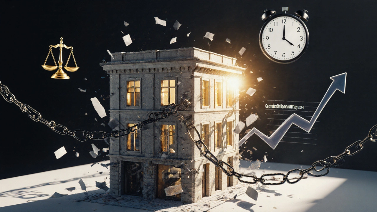 Konzeptuelle Darstellung eines Gebäudes, das sich von Büro zu Wohnung verwandelt, mit zerbrechenden rechtlichen Hindernissen.