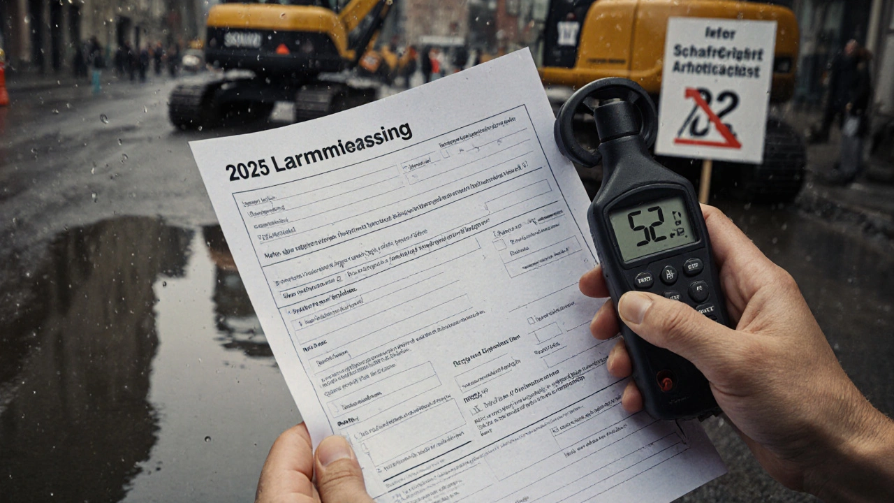 Lärmmessgerät zeigt 52 dB(A) – das neue Grenzwertlimit ab 2025 für Baustellen.