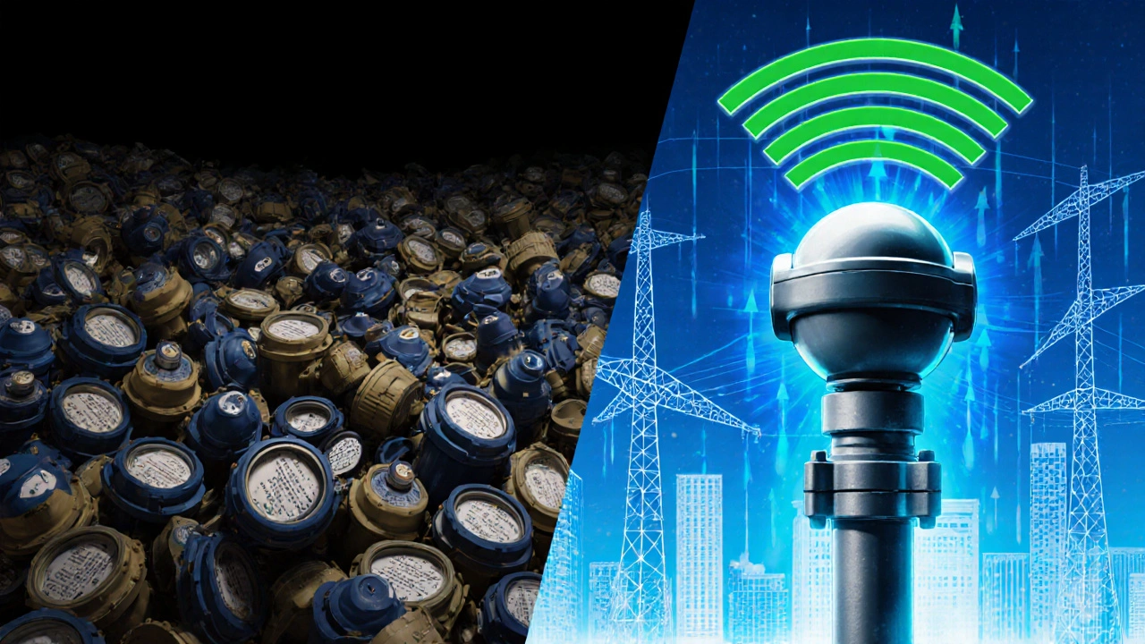 Links ein Haufen abgelegter Wasserzähler, rechts ein digitaler Zähler, der Daten an eine Stadt überträgt.