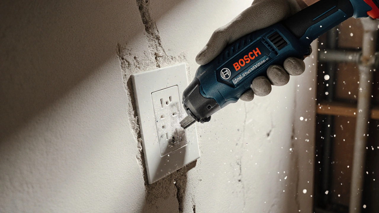 Multitool schneidet eine Steckdosenöffnung in eine fertige Trockenbauwand.