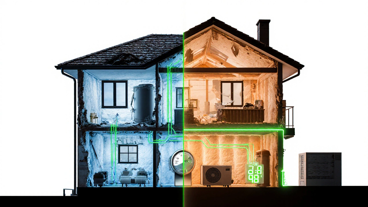 Querschnitt eines Hauses: links alt und energieverschwendend, rechts modern und energieeffizient.