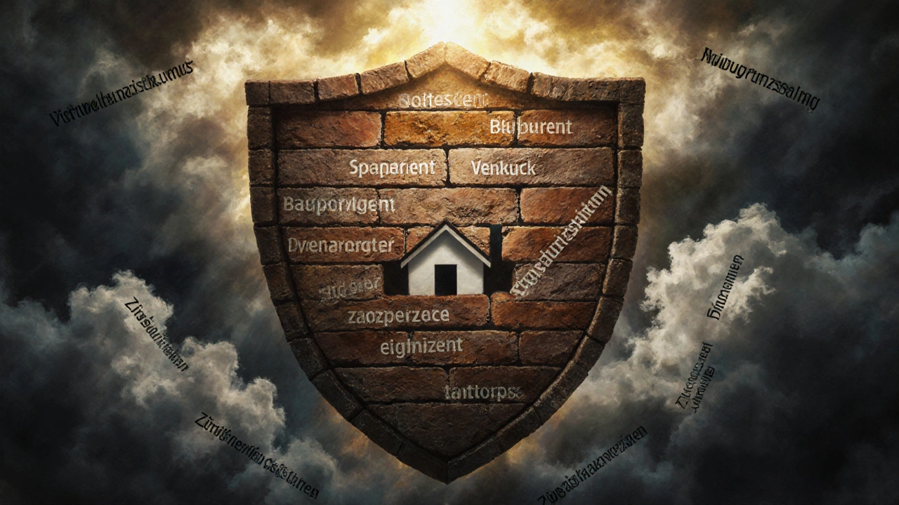 Schild aus Eigenkapital-Quellen schützt Haus vor Sturm aus Zinsaufschlägen und Zwischenfinanzierung, goldenes Licht durchbricht Wolken.