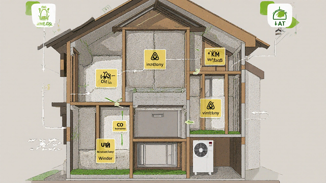 Schnitt durch ein saniertes Einfamilienhaus mit Dämmung, Wärmepumpe und energieeffizienten Fenstern.