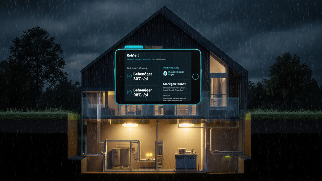 Smartes Dashboard zeigt Echtzeit-Alarme eines Rückstauschutzsystems in einem Haus.