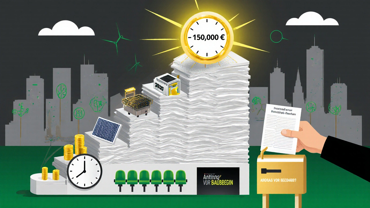 Stapel aus Förderunterlagen und Bauteilen bildet eine Treppe zu 150.000 Euro, Uhr tickt auf 2025.