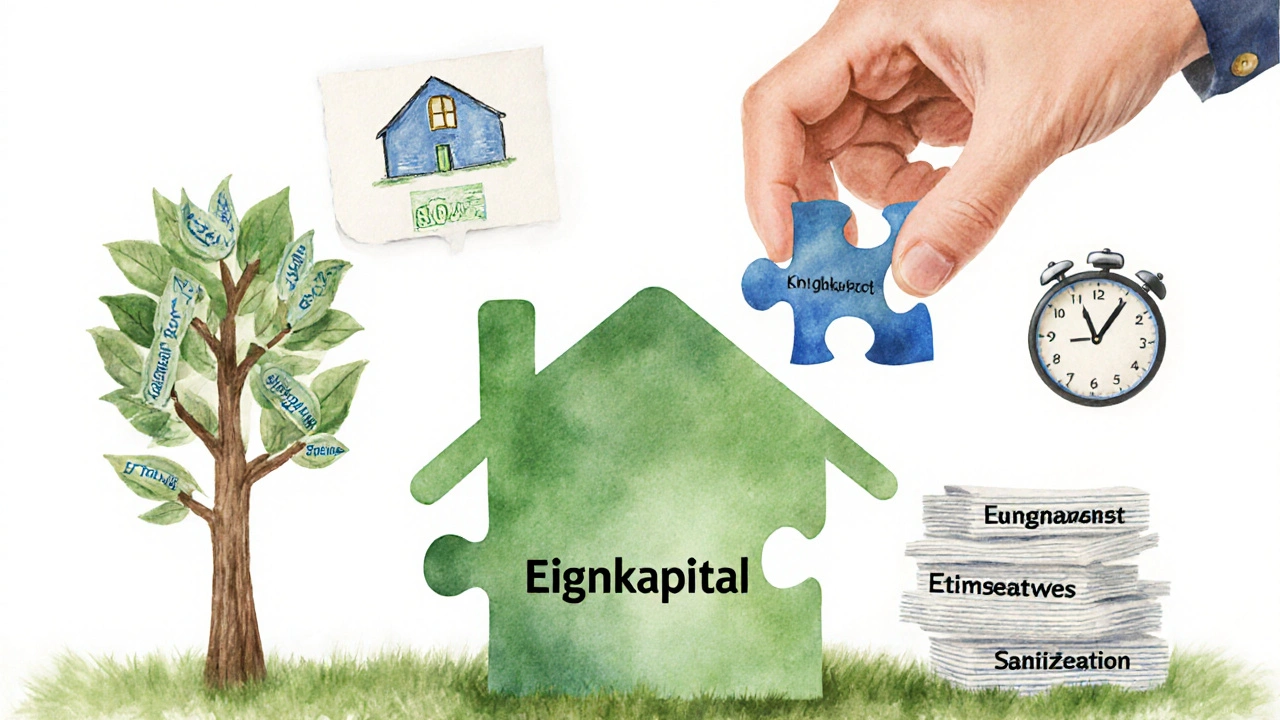 Symbolische Darstellung des Aufbaus eines Eigenheims durch Eigenkapital und staatliche Förderung.