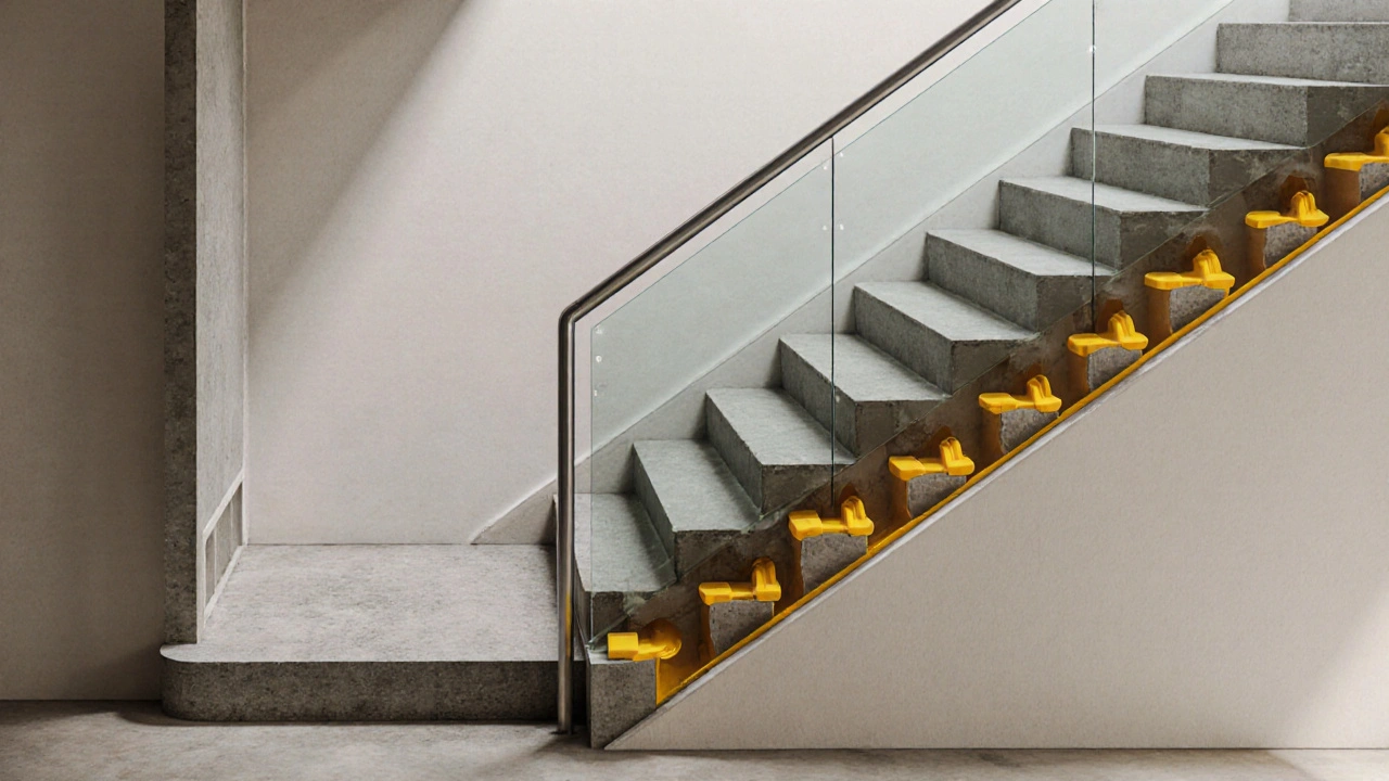 Technische Schnittansicht einer schalldämmenden Treppe mit Entkopplungselementen und akustischer Deckenverkleidung.