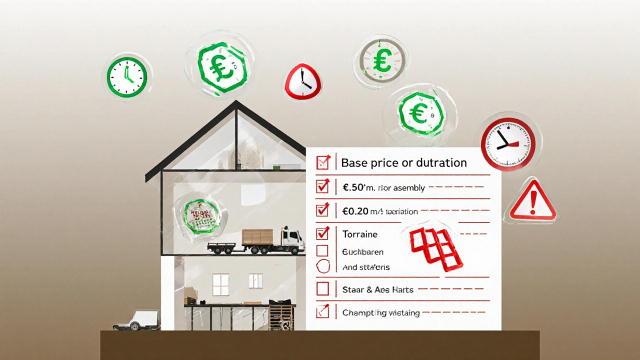 Transparente Darstellung einer Fassade mit schwebenden Kostenfaktoren wie Quadratmeter, Uhr, LKW und Sicherheitsausrüstung.