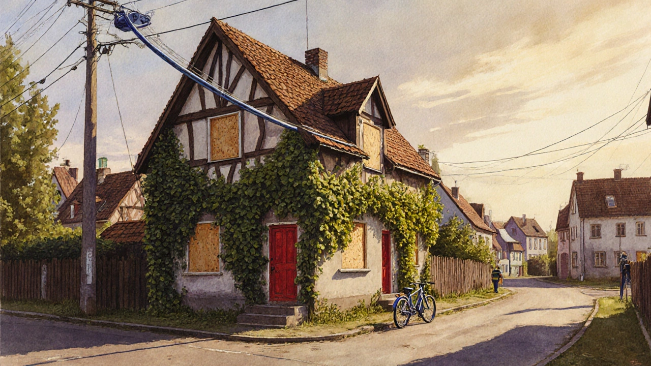 Verfallenes Haus in Sachsen mit neu verlegtem Glasfaserkabel, goldenes Abendlicht.