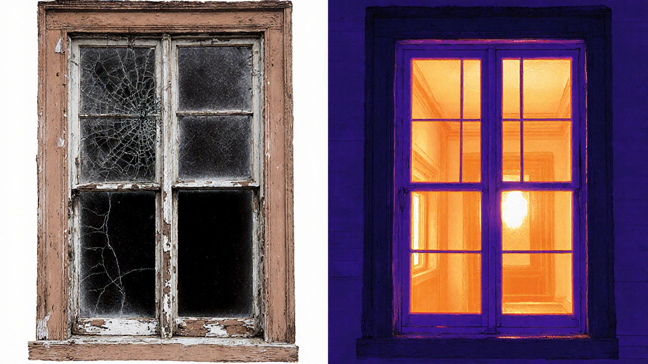 Vergleich: altes Einfachverglasungsfenster mit Kondenswasser neben einem modernisierten, historisch identischen Fenster mit Wärmeschutzverglasung.