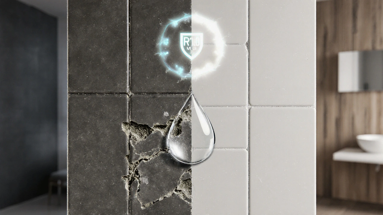 Vergleich: kaputte alte Fliese mit Schimmel links, widerstandsfähige Feinsteinzeugfliese mit Nano-Beschichtung rechts.