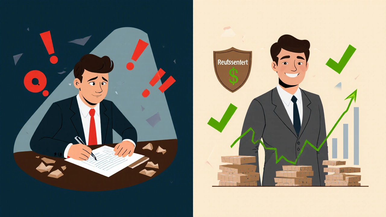 Vergleich: Verkäufer allein mit Risiken vs. mit Anwalt und Sicherheit.