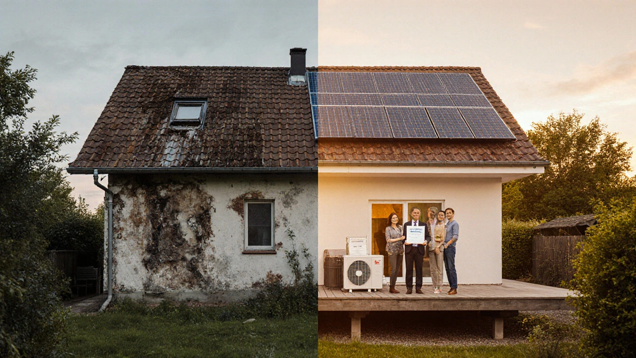 Vorher-Nachher-Vergleich: altes, marodes Haus links, modernes Effizienzhaus 40 mit Solaranlage rechts.