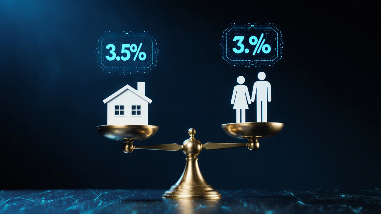 Waage mit Haus und zwei Personen, die die faire 50/50-Provisionsverteilung nach deutschem Recht 2025 symbolisieren.