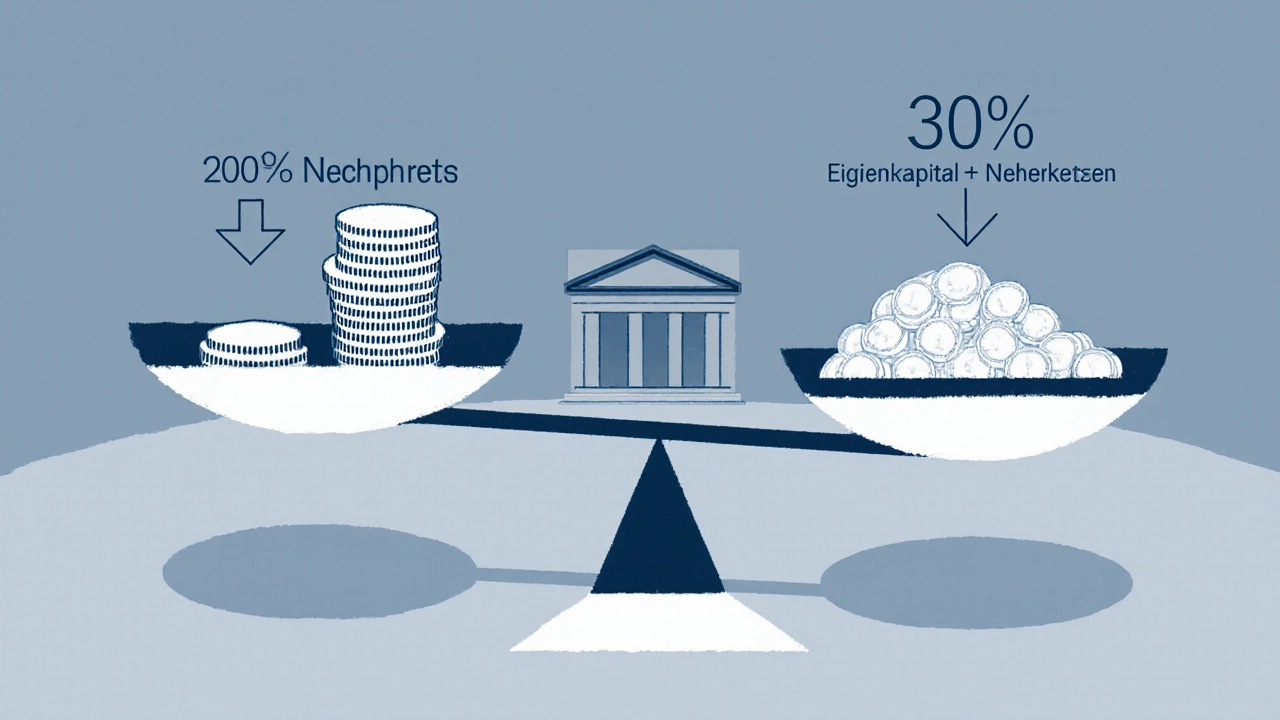 Waage vergleicht 20 % Kaufpreis mit 30 % Eigenkapital plus Nebenkosten, Bank im Hintergrund, niedrigere Zinsen symbolisiert.
