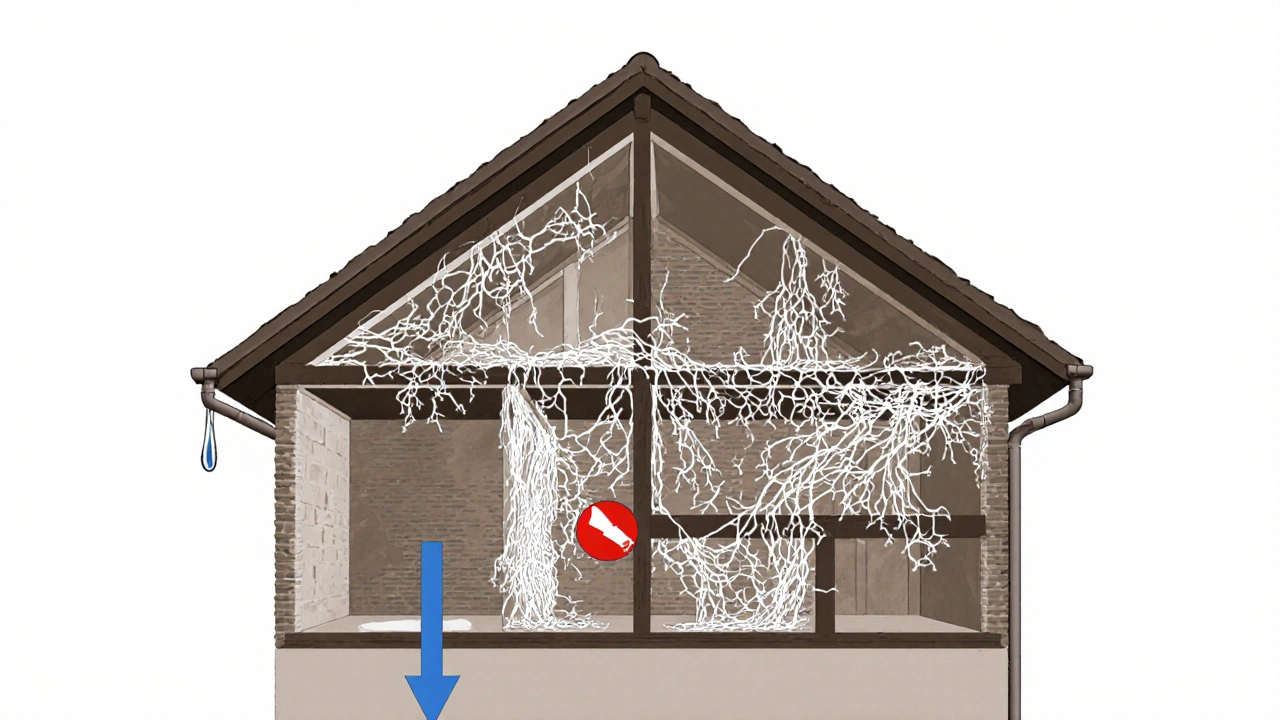 X-Ray-Ansicht eines Hauses mit unsichtbarem Pilzgeflecht, das durch Wände und Balken wächst.