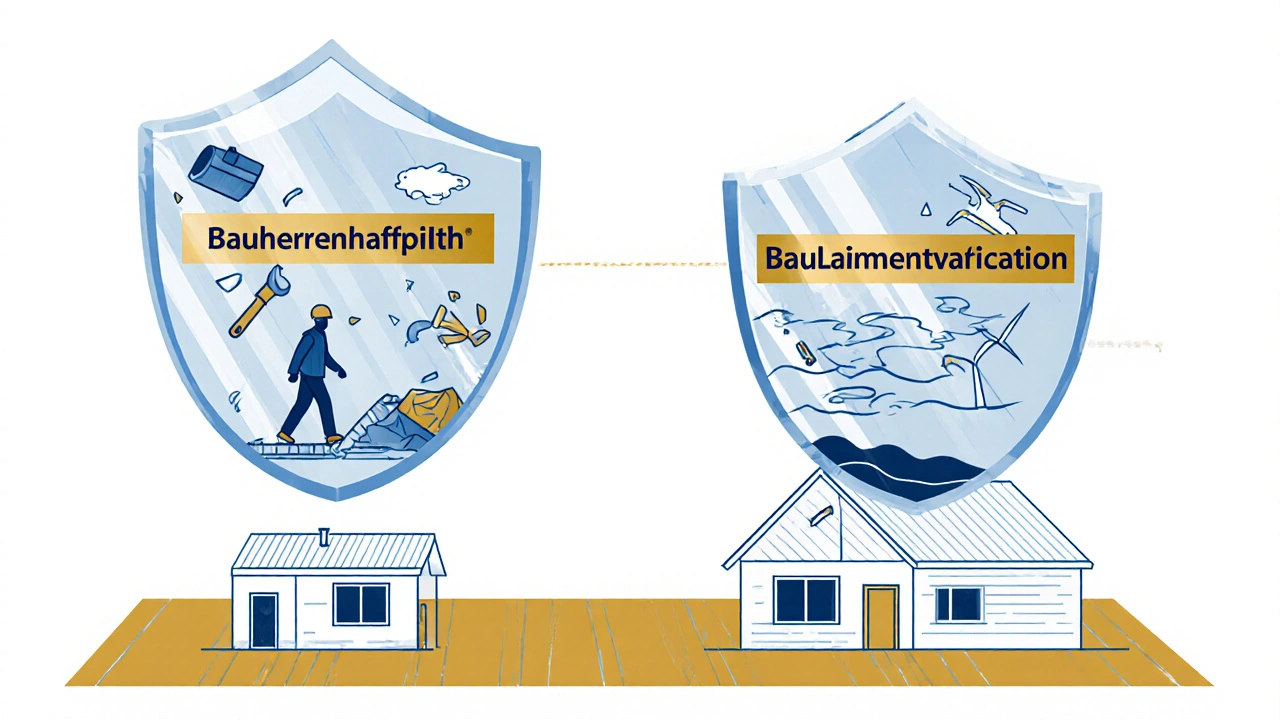 Zwei durchscheinende Versicherungsschilde schützen ein Bauprojekt vor Sturm, Diebstahl und Unfällen.
