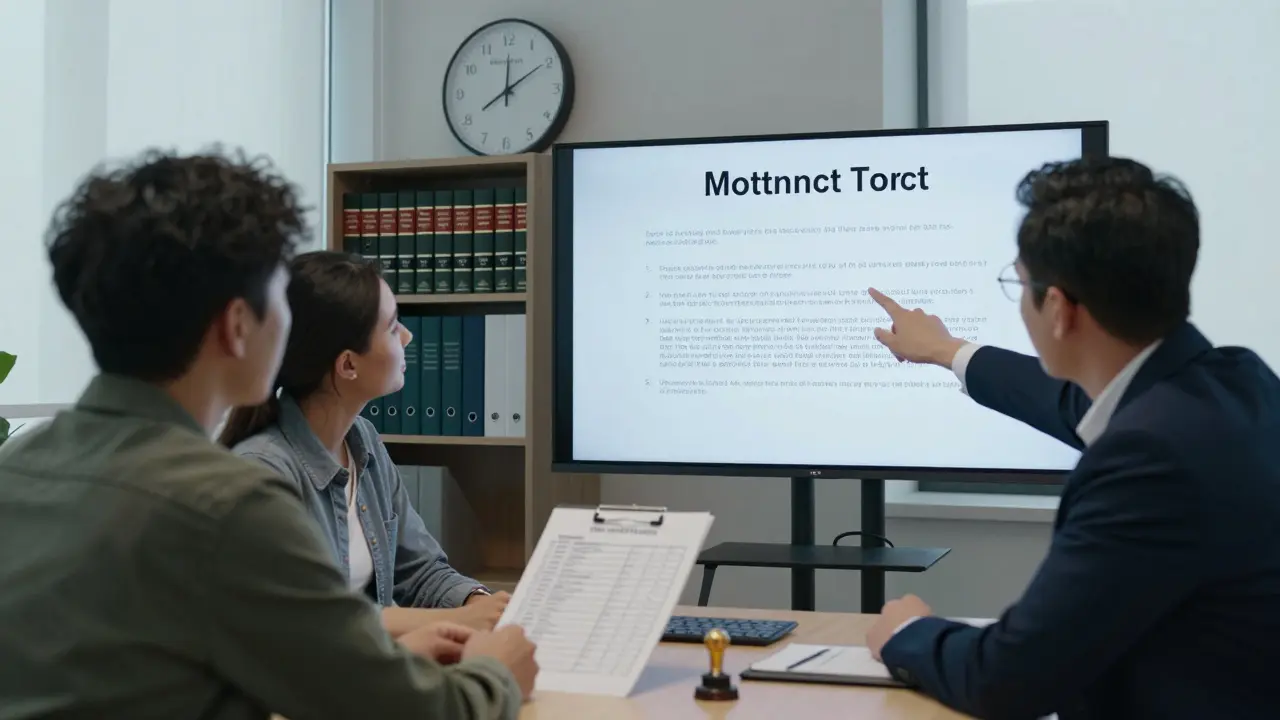 Anwalt erklärt einem Paar im Notariat einen Immobilienvertrag an einem digitalen Bildschirm.