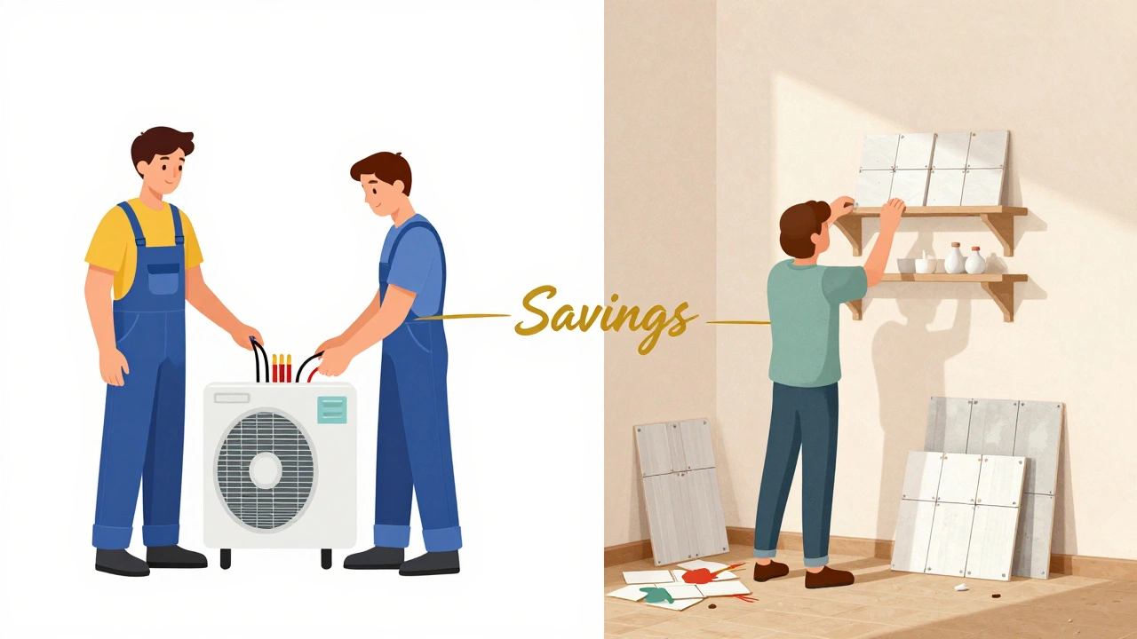 Aufgesplittetes Haus: Profis arbeiten links, Heimwerker rechts, verbunden durch einen &#039;Einsparungen&#039;-Faden.