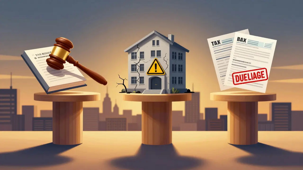 Drei Säulen symbolisieren rechtliche, technische und steuerliche Prüfung beim Immobilienkauf mit Symbolen aus Grundbuch, Gebäudeschaden und Steuerbescheid.