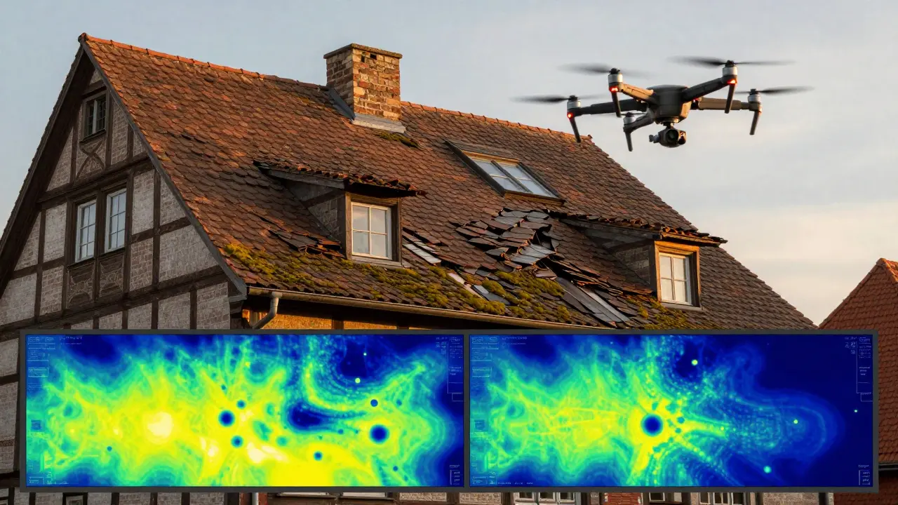 Drohne filmt ein beschädigtes Dach, während eine Wärmebildkarte unterhalb die unsichtbaren Wärmeverluste zeigt.