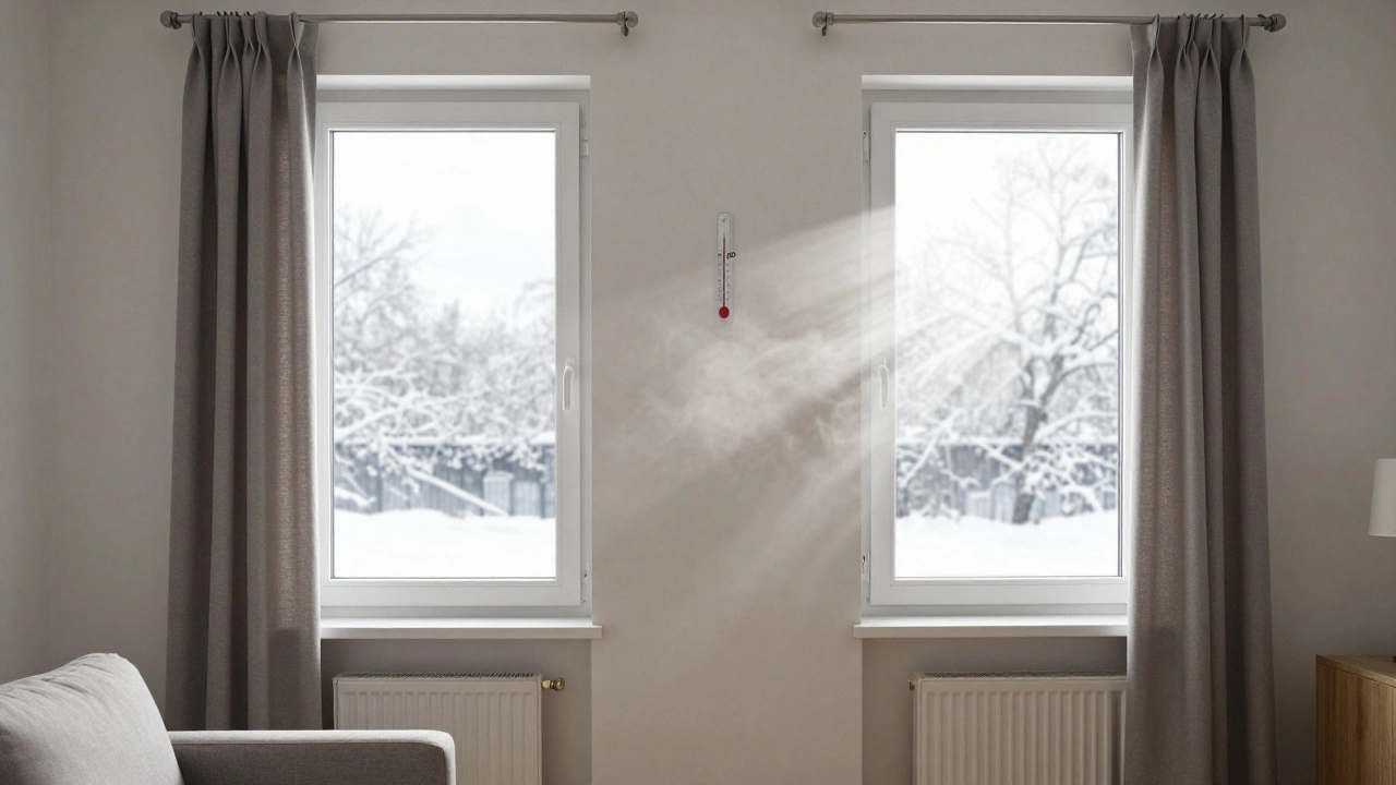 Eine Person öffnet zwei Fenster weit, um querzulüften, während der Winterlichtschein durch den Raum fällt.
