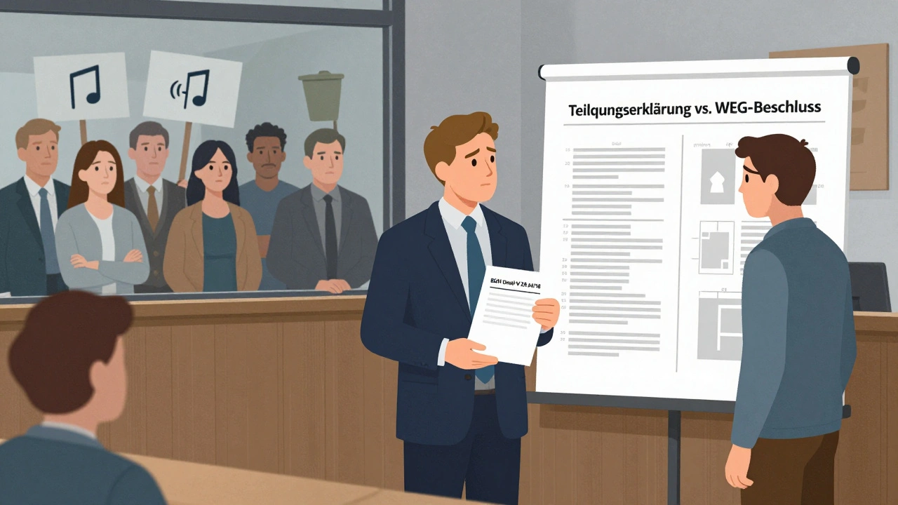 Gerichtssaal-Szene mit Richter, Dokumenten und Nachbarn, darstellend den BGH-Urteilsstreit um Kurzzeitvermietung.