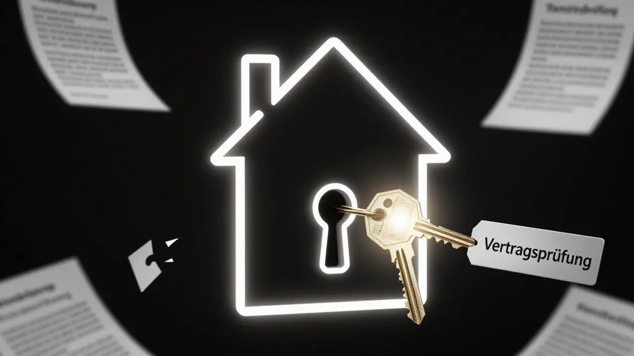 Haus-Schloss mit rechtlichen Dokumenten als Schlüssel, einer funktionierenden und anderen defekten.