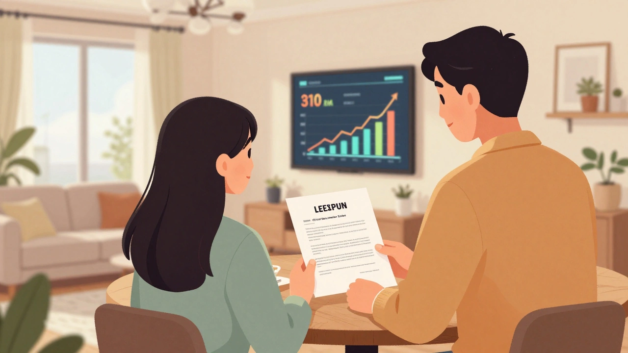 Hausbesitzer mit Mietvertrag und Anzeige steigender Mieten und Immobilienwert in einem modernen Wohnzimmer.