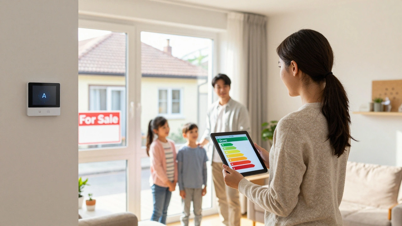 Immobilienberater zeigt einer Familie die Energieklasse A eines Wohnzimmers, während im Hintergrund ein veralteter Immobilienverkaufsschild zu sehen ist.