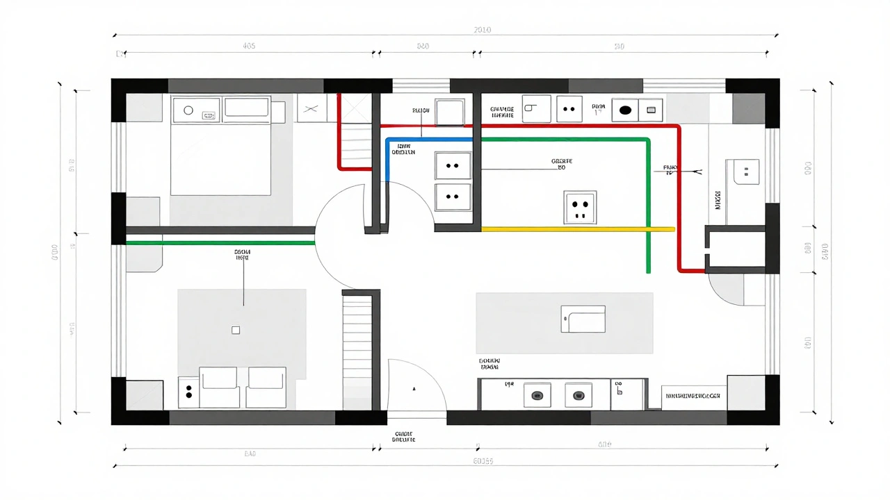 Maßstabsgetreuer Elektroinstallationsplan mit DIN-symbole für Steckdosen, Licht und Schalter.