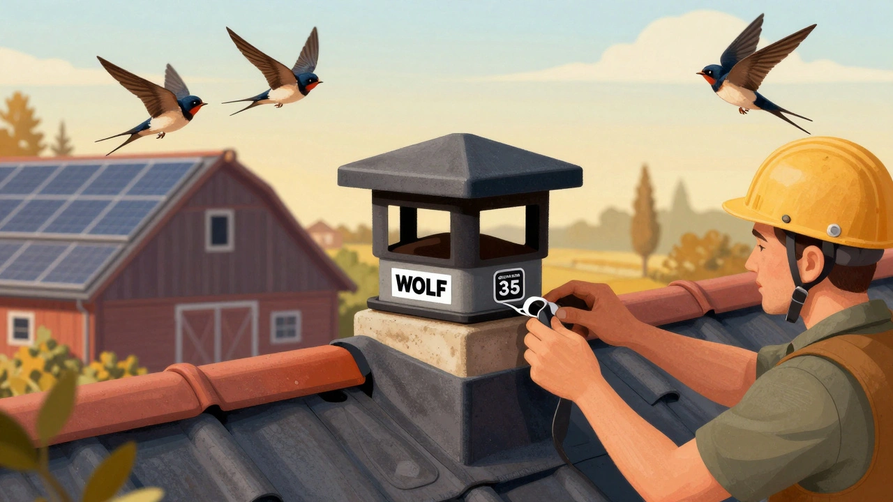 Professionell montierte Kaminhaube mit integriertem Vogelschutz an einem deutschen Dach.