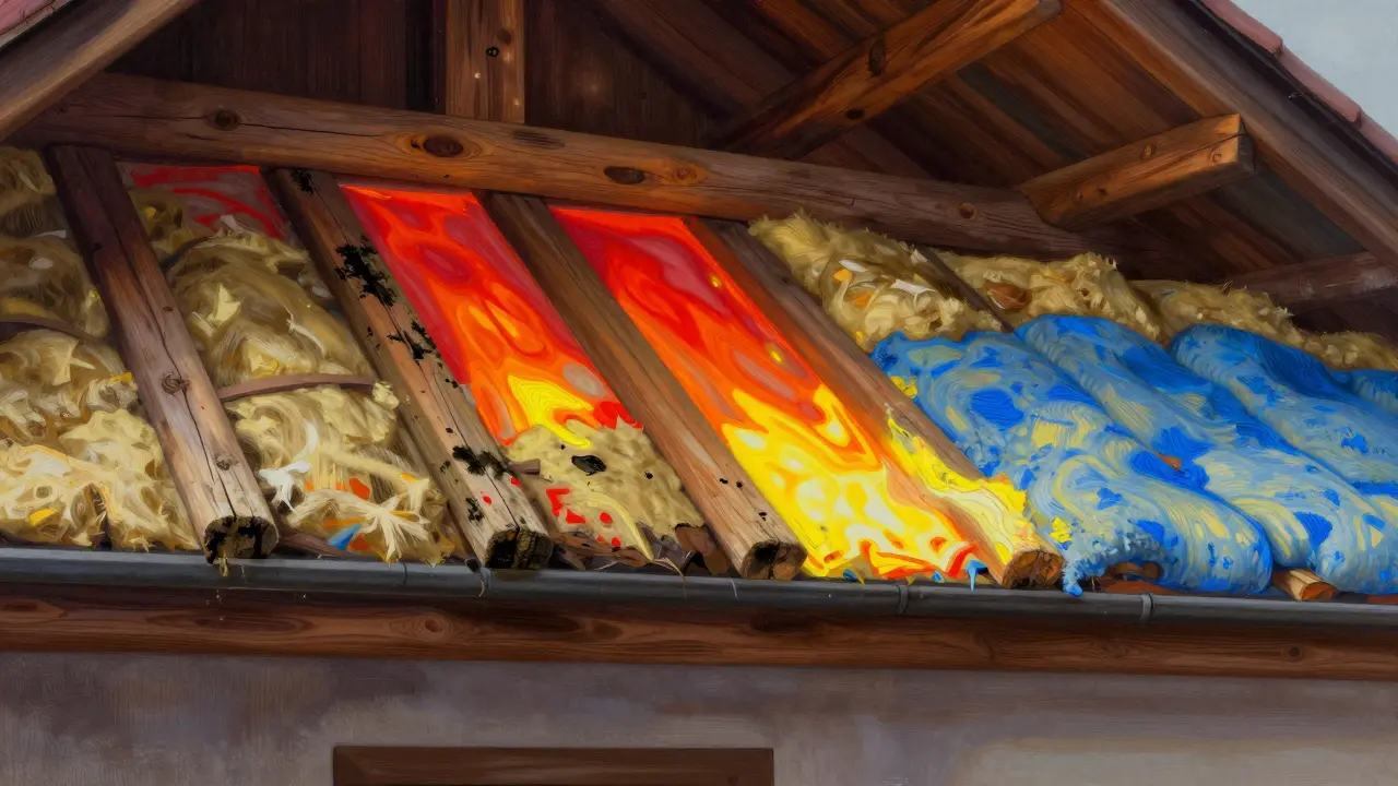 Querschnitt eines Daches mit veralteter Dämmung, Feuchtigkeit und Schimmel neben modernen nachhaltigen Materialien.