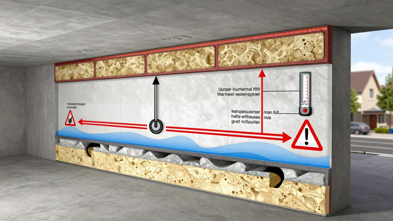 Querschnitt eines gedämmten Kellers mit drei Dämmmethoden und korrekter Feuchtesperre.