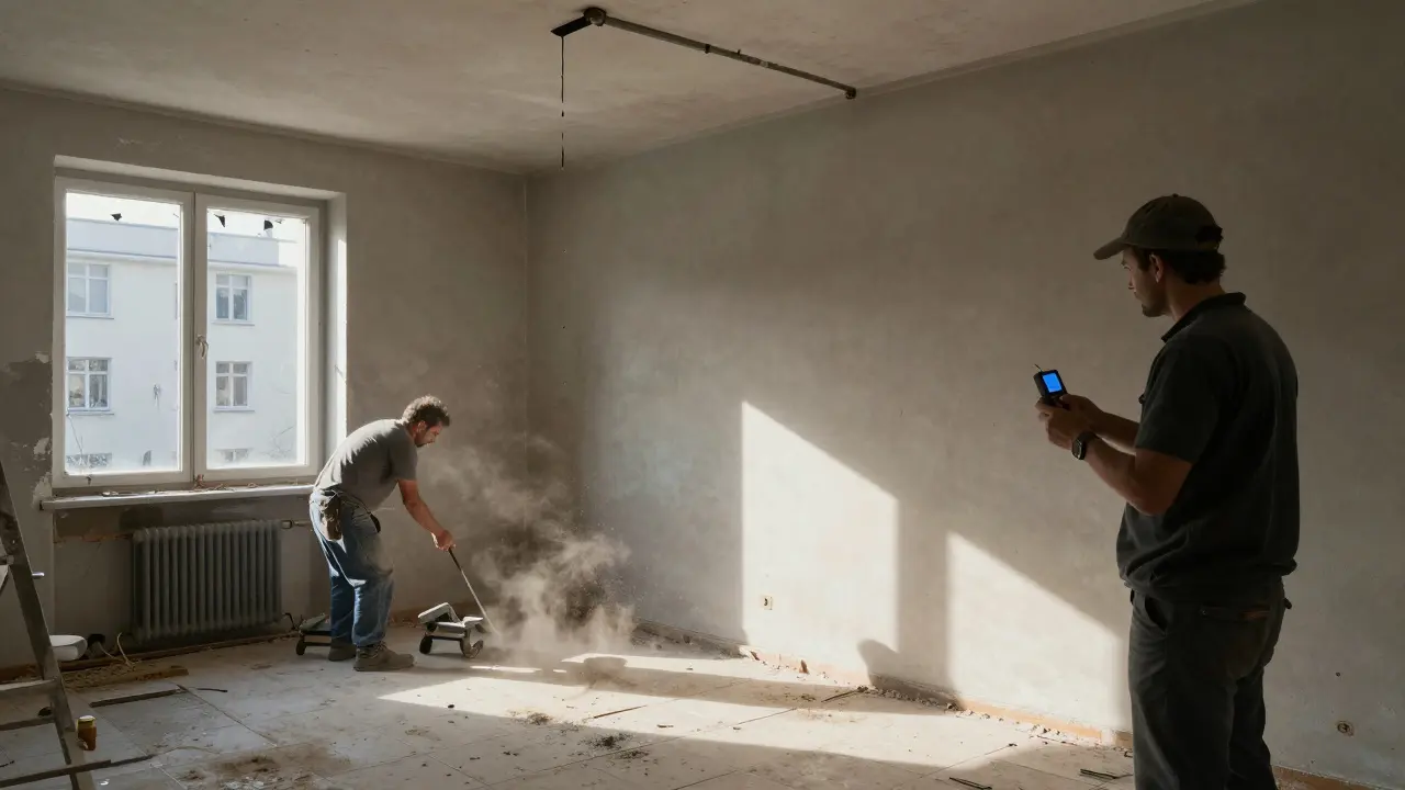 Renovierungsarbeiter entfernen asbestbelastete Bodenplatten in einer alten Wohnung, während Wasser von der Decke tropft.