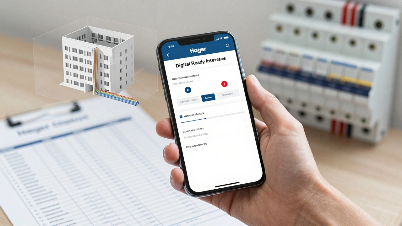 Smartphone zeigt digitale Elektrodokumentation mit 3D-Gebäudemodell und Verteilerfoto.