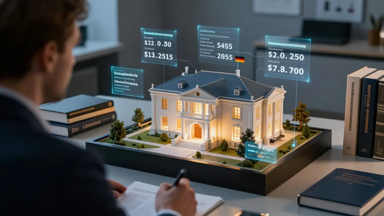 Steuerbeamter analysiert holografisches Auslandsimmobilienmodell mit rechtlichen Überschneidungen