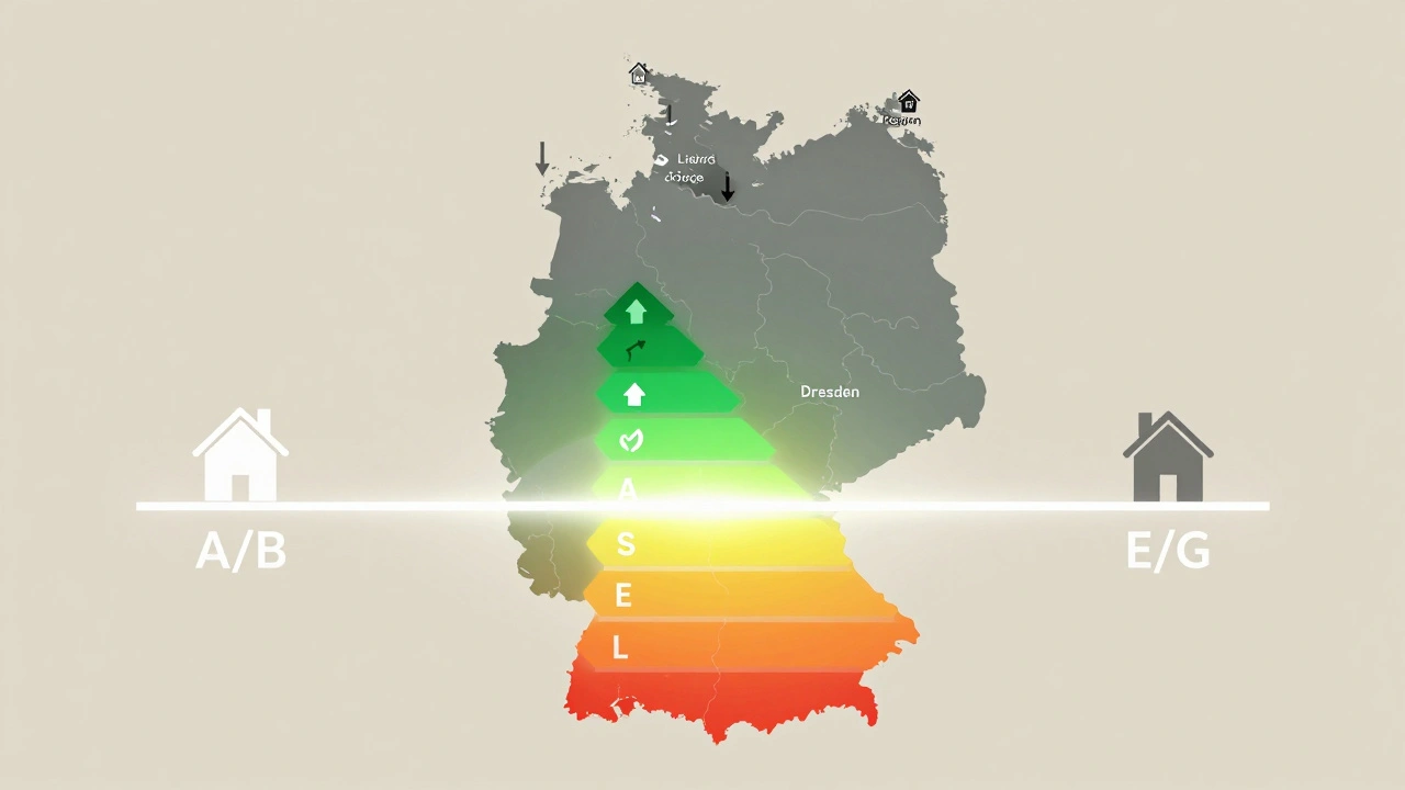 Symbolische Karte Deutschlands mit wachsenden Regionen im Süden und Westen, während strukturschwache Gebiete im Norden und Osten zurückbleiben.