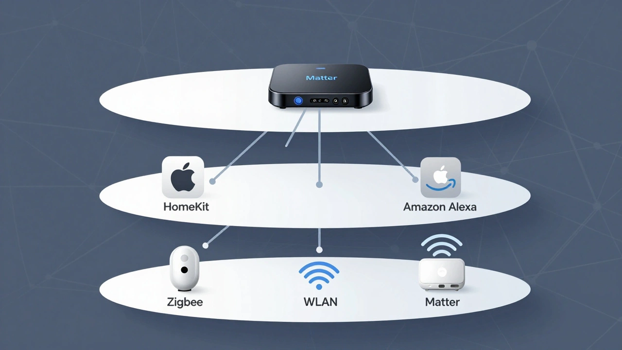 Technische Darstellung der drei Smart-Home-Kompatibilitäts-Säulen: Funkstandard, Plattform und Hub, ohne Text, nur mit Symbolen und Verbindungen.