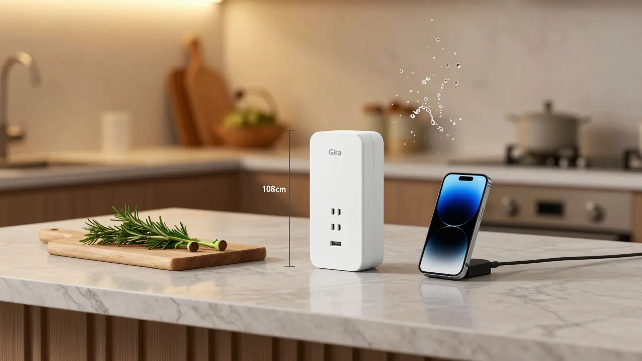 USB-Steckdose an der Kücheninsel mit geladenem Handy, sicher远离 Wasser.