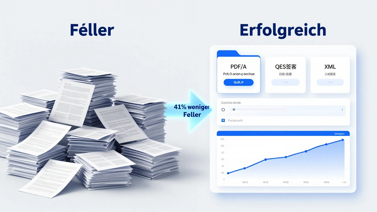 Vergleich: chaotische Papierberge links vs. organisierte digitale Dateistruktur rechts mit Erfolgsindikator.