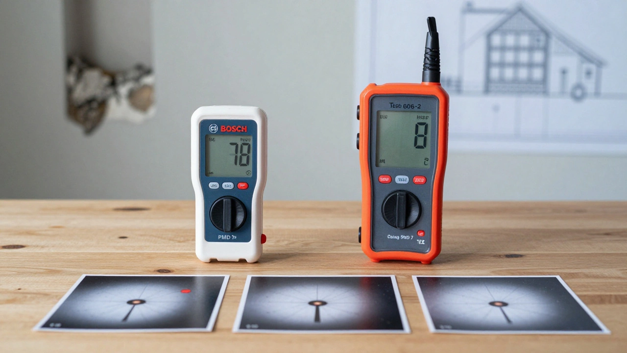 Vergleich eines günstigen und eines professionellen Feuchtigkeitsmessers mit Messfotos.