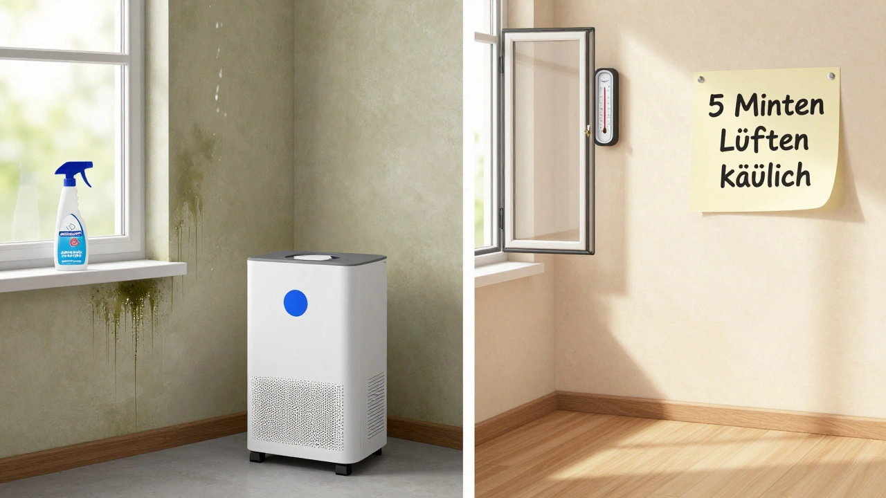 Vergleich: Schimmelige Wand mit teuren Geräten links, saubere Wand mit offenem Fenster und Hygrometer rechts.