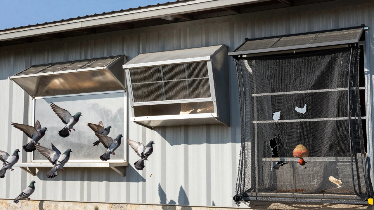 Vergleich von Vogelschutzsystemen: langlebiges Edelstahlgitter, abgenutztes Netz und höhenverstellbare Firstlüftung.