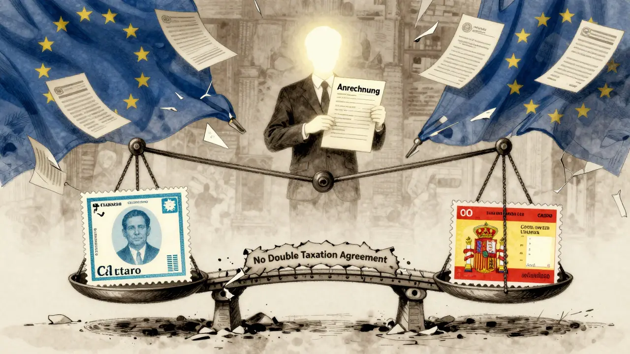 Waage mit deutscher Steuer und spanischem Katasterwert, Brücke ohne Abkommen