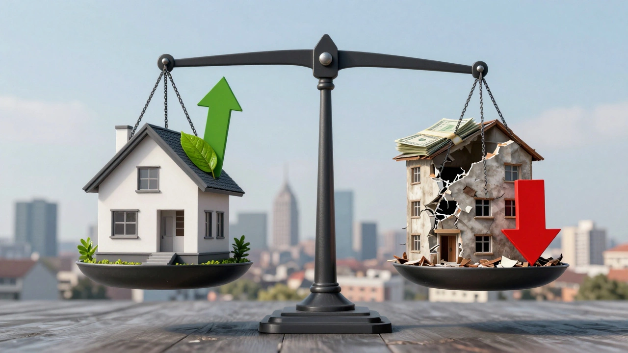 Waage mit modernem, grünem Haus gegenüber einem veralteten Gebäude, symbolisiert den Unterschied in der Inflationssicherheit.