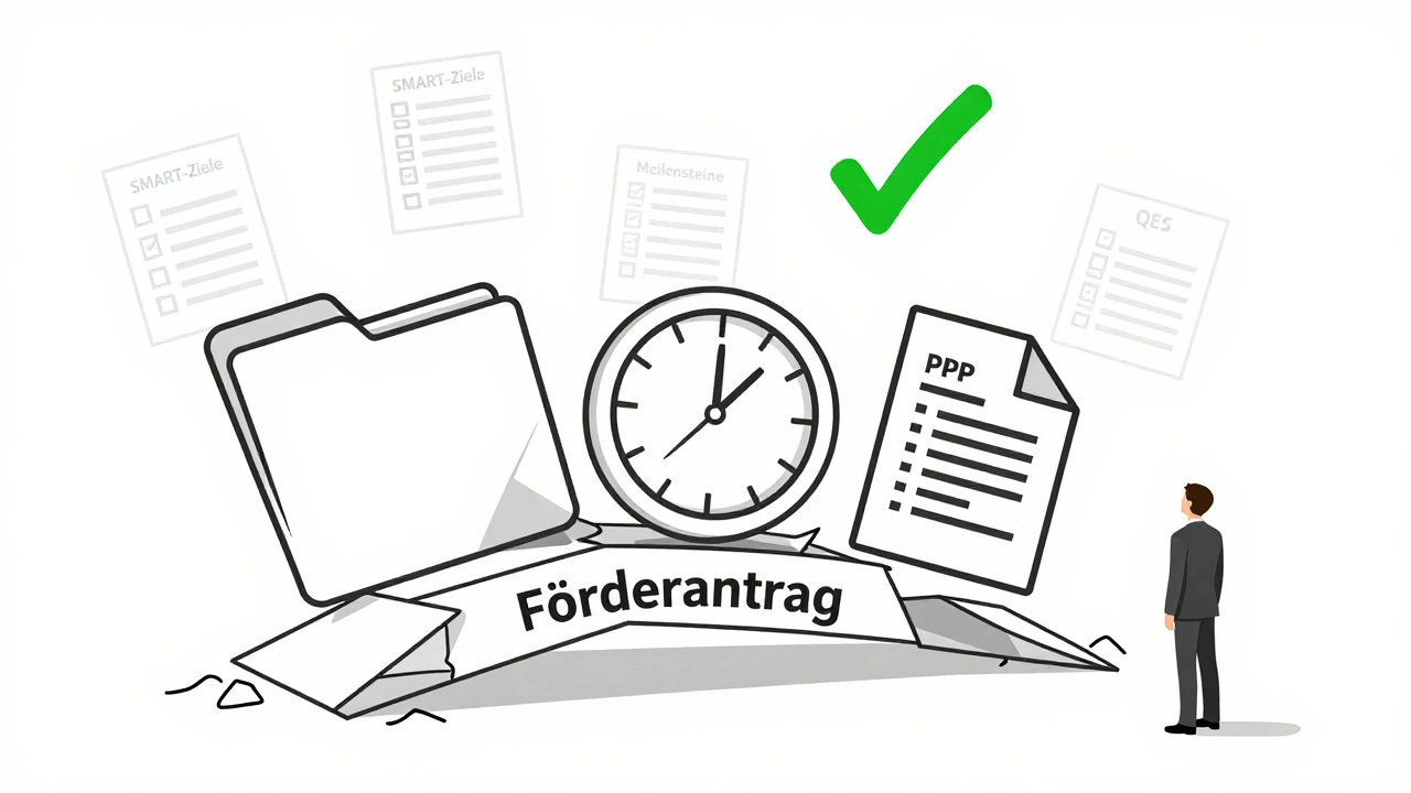 Zerbrechende Brücke aus Antragsunterlagen, belastet durch fehlende Dokumente, eine kaputte Uhr und ein falsches PDF-Symbol.