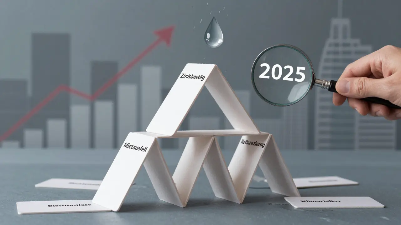 Zerbrechliche Kartenburg aus Immobilienrisiken bricht unter einem Regentropfen mit der Aufschrift '2025'.
